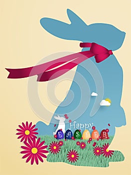 Easter Day greeting background with rabbit, Easter eggs, flower and butterfly.