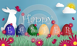 Easter Day greeting background with rabbit, Easter eggs, flower and Happy Easter text.