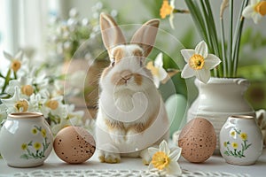 Easter Decor with bunny surrounded by daffodils and pastel eggs