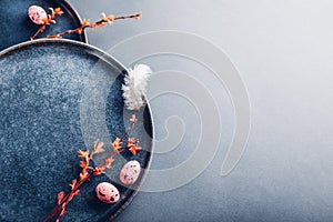 Easter decor. Close up of dishes with eggs, feathers and spring branches. Ceramic plates on grey background. Space
