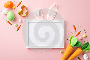 Top view photo of photo frame with easter bunny ears colorful eggs carrots baking mold and sprinkles