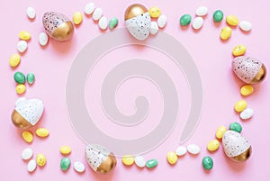 Easter decor with eggs, pastel background. Minimal Easter holiday concept