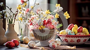 Easter decor with painted red and yellow eggs and flowers
