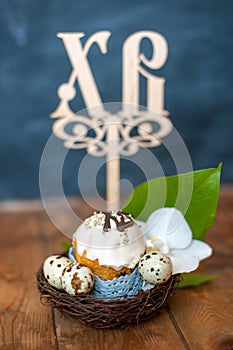 Easter decor on the wooden table