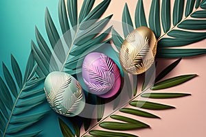 Easter decorated eggs on the palm leaves and colorblocks background, AI created photo