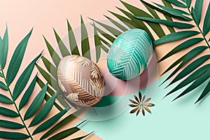 Easter decorated eggs on the palm leaves and colorblocks background, AI photo
