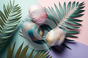 Easter decorated eggs on the palm leaves and colorblocks background, created by AI photo