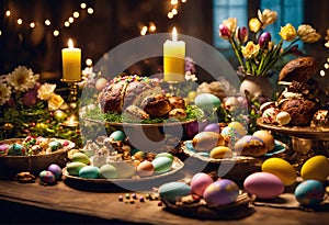 Easter decorated table. Colorful holiday eggs and easter cakes on plates