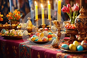 Easter decorated table. Colorful holiday eggs on plates