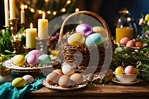 Easter decorated table. Colorful holiday eggs in twig basket and plates.