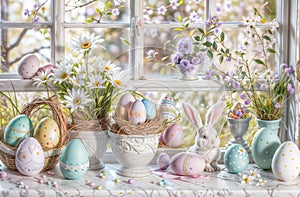 Easter decoration in a bright ornament with flowers and easter eggs