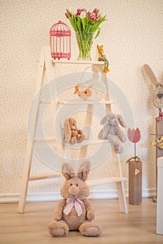 Easter decoration - bright room with lots of Easter decoration ladder