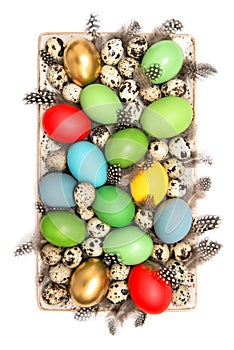 Easter decoration colorful eggs Festive flat lay