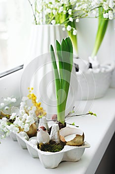 Easter decoration with eggs, flowers and bird, homemade beautiful decor