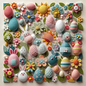 Easter decoration with eggs, flowers and rabbits on white background. fieltro. photo