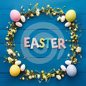 Easter decoration frame with flowers, eggs on blue wooden boards