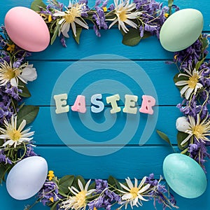 Easter decoration frame with flowers, eggs on blue wooden boards