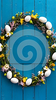 Easter decoration frame with flowers, eggs on blue wooden boards