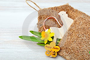 Easter decoration and fresh spring narcissus flowers.