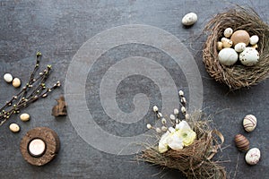 Easter decoration on gray stone plate