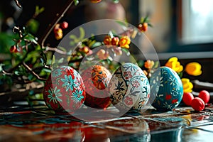 Easter decoration with spring accents on a glossy top.