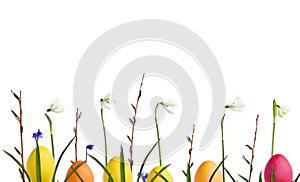 Easter decoration. Twigs willow tree with catkins, white and blue snowdrops and colored easter eggs on white background. Top view