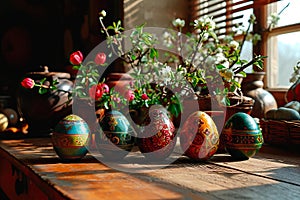 Easter decoration on a wooden table in the kitchen.