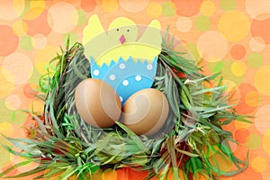 Easter decoration: yellow eggs and hand made hatched chicken in eggshell in green grass twigs nest on bright colorful background