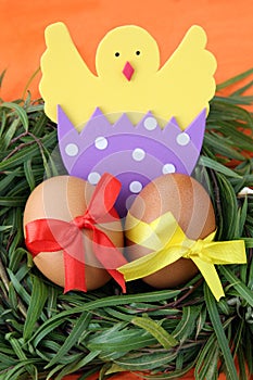 Easter decoration: yellow eggs and hand made hatched chicken in eggshell in green grass twigs nest on orange background