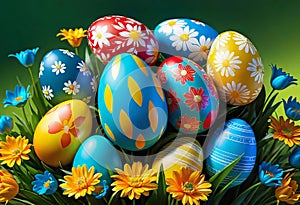 Easter decorations, colorfully painted and decorated Easter eggs and spring flowers on a wood background