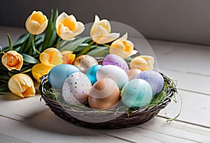 Easter decorations, colorfully painted and decorated Easter eggs and spring flowers on a wood background