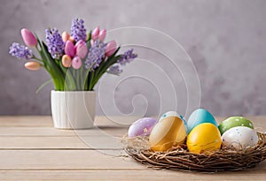 Easter decorations, colorfully painted and decorated Easter eggs and spring flowers on a wood background