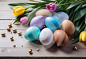 Easter decorations, colorfully painted and decorated Easter eggs and spring flowers on a wood background