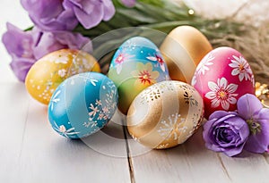 Easter decorations, colorfully painted and decorated Easter eggs and spring flowers on a wood background