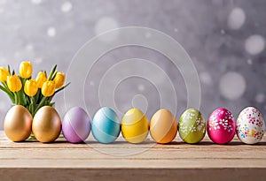 Easter decorations, colorfully painted and decorated Easter eggs and spring flowers on a wood background