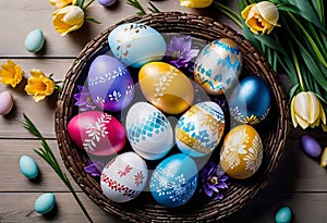 Easter decorations, colorfully painted and decorated Easter eggs and spring flowers on a wood background