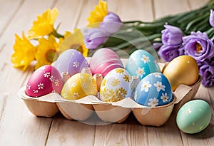 Easter decorations, colorfully painted and decorated Easter eggs and spring flowers on a wood background