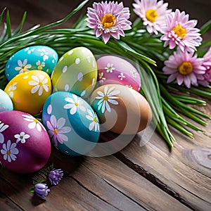 Easter decorations, colorfully painted and decorated Easter eggs and spring flowers on a wood background