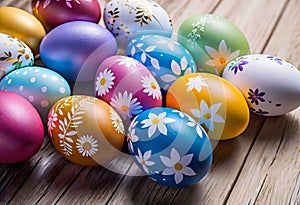 Easter decorations, colorfully painted and decorated Easter eggs and spring flowers on a wood background