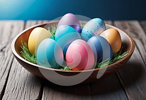 Easter decorations, colorfully painted and decorated Easter eggs and spring flowers on a wood background