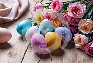 Easter decorations, colorfully painted and decorated Easter eggs and spring flowers on a wood background