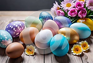 Easter decorations, colorfully painted and decorated Easter eggs and spring flowers on a wood background