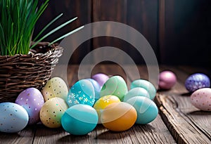 Easter decorations, colorfully painted and decorated Easter eggs and spring flowers on a wood background