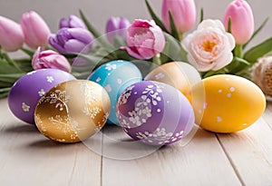 Easter decorations, colorfully painted and decorated Easter eggs and spring flowers on a wood background