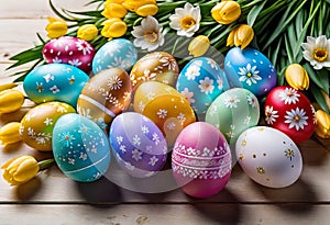 Easter decorations, colorfully painted and decorated Easter eggs and spring flowers on a wood background