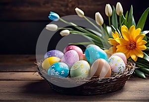 Easter decorations, colorfully painted and decorated Easter eggs and spring flowers on a wood background