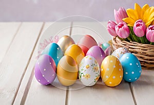 Easter decorations, colorfully painted and decorated Easter eggs and spring flowers on a wood background