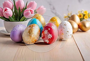 Easter decorations, colorfully painted and decorated Easter eggs and spring flowers on a wood background