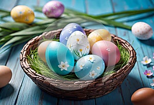 Easter decorations, colorfully painted and decorated Easter eggs and spring flowers on a wood background