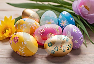 Easter decorations, colorfully painted and decorated Easter eggs and spring flowers on a wood background